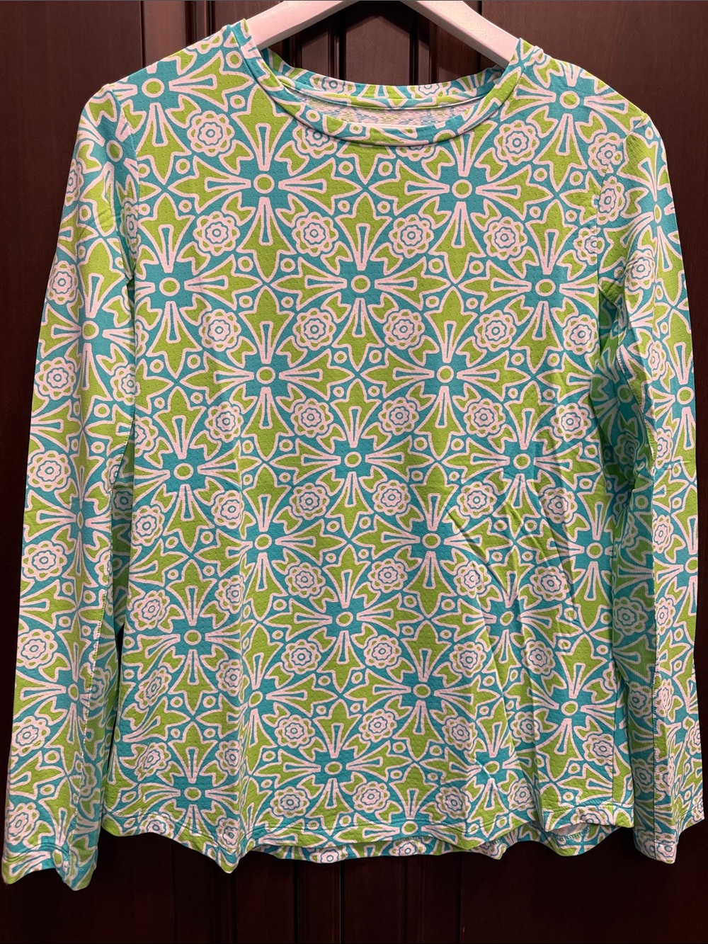 IBKUL Green and Aqua Geometric Floral Long-Sleeve Top
